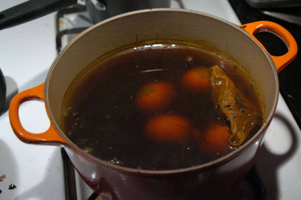 Some eggies cooking in the tea & turmeric mixture